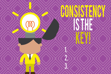 Text sign showing Consistency Is The Key. Business photo text by Breaking Bad Habits and Forming Good Ones Standing successful man suit necktie surging brilliant innovative solutions