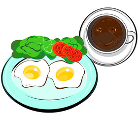 breakfast,  Plate with fried eggs and slices of bacon, glass of hot coffee, kitchenware set ,  illustration cartoon flat icon isolated on white.