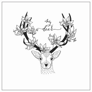 vector hand drawn deer head logo, tattoo. illustration with horns decorated with flowers, branches. scandinavian style