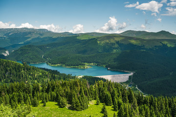 Fototapeta na wymiar Vidraru lake and landscape of the Carpathian Mountains, in Transylvania (Romania)