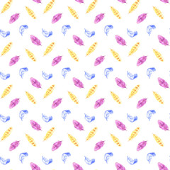 Fototapeta na wymiar Hand painted watercolor feathers seamless pattern on white background. Textured pink boho decoration. Pastel ornament for wrapping paper, fabrics and textile.