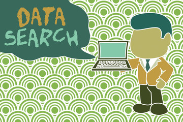 Conceptual hand writing showing Data Search. Concept meaning gathers and reports information contains specified terms Standing businessman holding open laptop right hand side