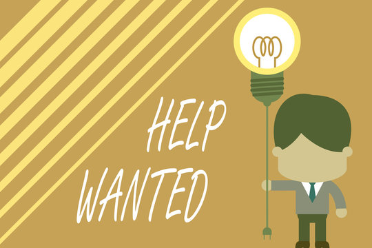 Word writing text Help Wanted. Business photo showcasing An ad in the paper an employer places to find a new employee Standing man tie holding plug socket light bulb to connect idea. Startup - Powered by Adobe