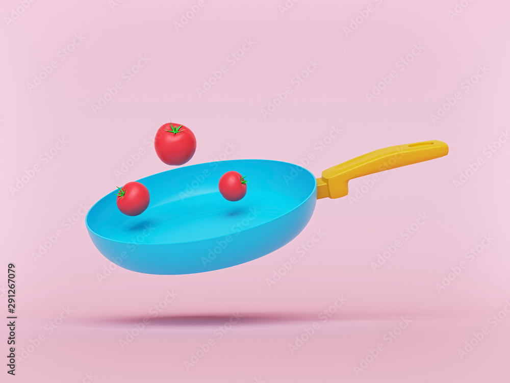 Poster frying pan with tomatoes. cooking minimal concept. 3d rendering