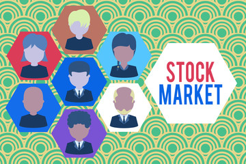 Writing note showing Stock Market. Business concept for Particular market where stocks and bonds are traded or exhange Picture frames CEO and staff Organization employee structure