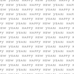 Happy New Year phrase on a white background. Black and white seamless pattern. Vector illustration of winter symbols.