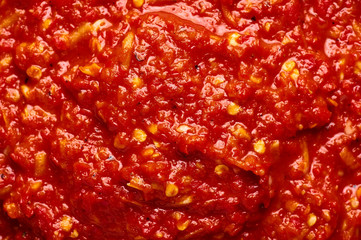 Schezwan Sauce close up texture. Schezwan Sauce is Indo-chinese or Sichuan cuisine hot sauce with red chilli, garlic and ginger.