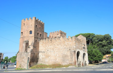 Naklejka premium Porta, San Paolo, gate, Rome, Italy, building, architecture, ruin, old, historical, ancient, Roman, archaeology, travel, landmark