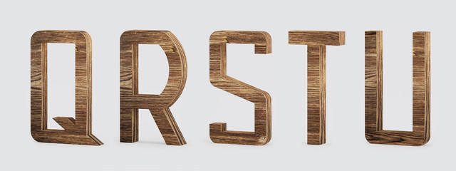 Set of alphabet letters QRSTU in wooden style - 3D illustration