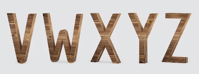 Set of alphabet letters VWXYZ in wooden style - 3D illustration