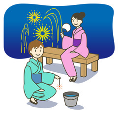 花火を楽しむ女性たち