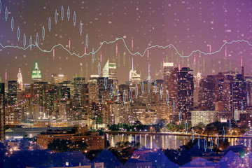Obraz na płótnie Canvas Double exposure of forex chart drawings over cityscape background. Concept of success.