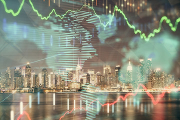 Financial graph on night city scape with tall buildings background multi exposure. Analysis concept.