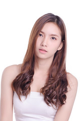 Asian young beautiful woman happy and smiling with elegant long healthy smooth hair, natural make-up, beauty face, isolated over white background.