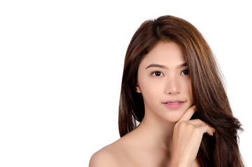 Short hair asian young beautiful woman smile and touch her face, isolated over white background. natural makeup, SPA therapy, skincare, cosmetology concept