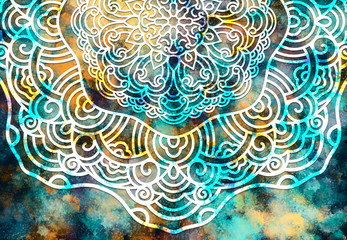 Abstract mandala graphic design and watercolor digital art painting for ancient geometric concept background