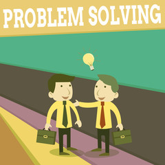 Word writing text Problem Solving. Business photo showcasing process of finding solutions to difficult or complex issues Two White Businessmen Colleagues with Brief Cases Sharing Idea Solution