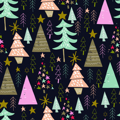 seamless vector repeat pattern of hand-drawn abstract, seasonal trees