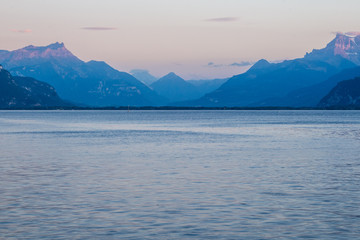Obraz premium View of the mountains around Vevey, Switzerland, on the north shore of Lake Geneva. 
