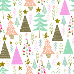 seamless vector repeat pattern of hand-drawn abstract, seasonal trees