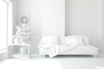 Mock up of stylish room in white color with sofa. Scandinavian interior design. 3D illustration
