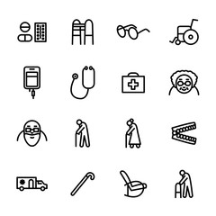Old People Medicine Sign Black Thin Line Icon Set. Vector