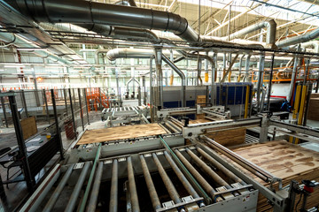 Production line of the wooden floor factory. CNC automatic woodworking machine.