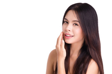 Fototapeta premium asian young beautiful woman smiling and touching her face, isolated over white background. natural makeup, SPA therapy, skincare, cosmetology and plastic surgery concept