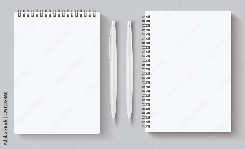 Aufkleber Realistic spiral notebooks. Blank notepad and white pen. Vector illustration mock up empty template books for corporate identity isolated on gray background for business presentation