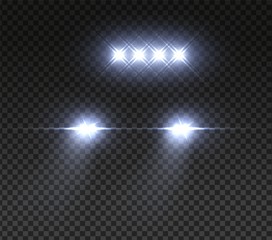 Realistic car headlights. Night road led offroad car light. Vector image light in dark effect on transparent background © SpicyTruffel