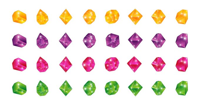 Cartoon multicolor gems. Gem yellow green blue pink stones. Vector illustration jewels diamonds topaz stone emerald ruby sapphire isolated on white background for game ui