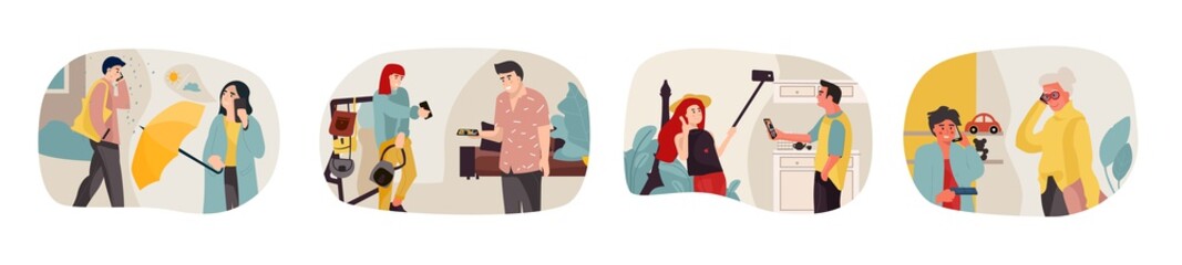 People talking on phone. Cartoon people characters have a dialogue or conversation on telephone. Vector illustration flat trendy persons calling, elderly male and female smartphone talk