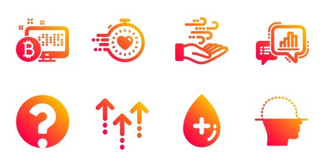 Timer, Oil serum and Swipe up line icons set. Graph chart, Wind energy and Bitcoin system signs. Question mark, Face scanning symbols. Deadline management, Cosmetic care. Science set. Vector
