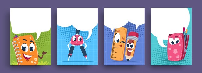 School characters poster. Cartoon cute educational supplies with speech bubble, funny school mascots collection. Vector illustration fun kids cartoon banners set for promotion advertisements