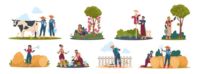 Agricultural workers. Harvesting people on field and in garden, cartoon characters doing farming job. Vector illustration farmers working with animal and organic products set