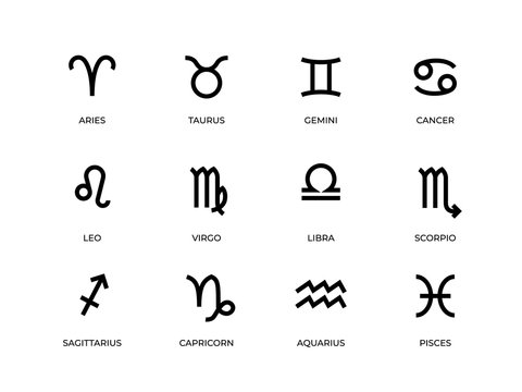Zodiac symbols. Horoscope and astrology line signs, aries taurus gemini cancer leo virgo libra scorpio and other icons. Vector design illustrations zodiac symbolism set