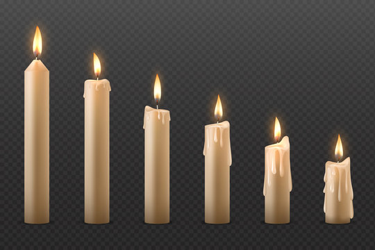 Candle flame. Burning realistic 3D wax candle, different Christmas birthday church and party glowing candles. Vector set isolated romantic objects candlelight