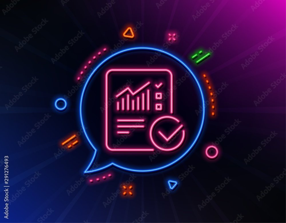 Poster checklist document line icon. neon laser lights. analysis chart or sales growth report sign. statist