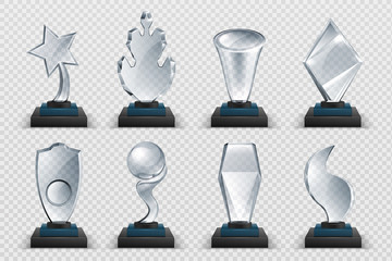 Glass awards. Realistic transparent winner trophy, acrylic stars cups and competition prizes. Vector isolated image fogged crystal award designs shape on board pedestal for awarded champion