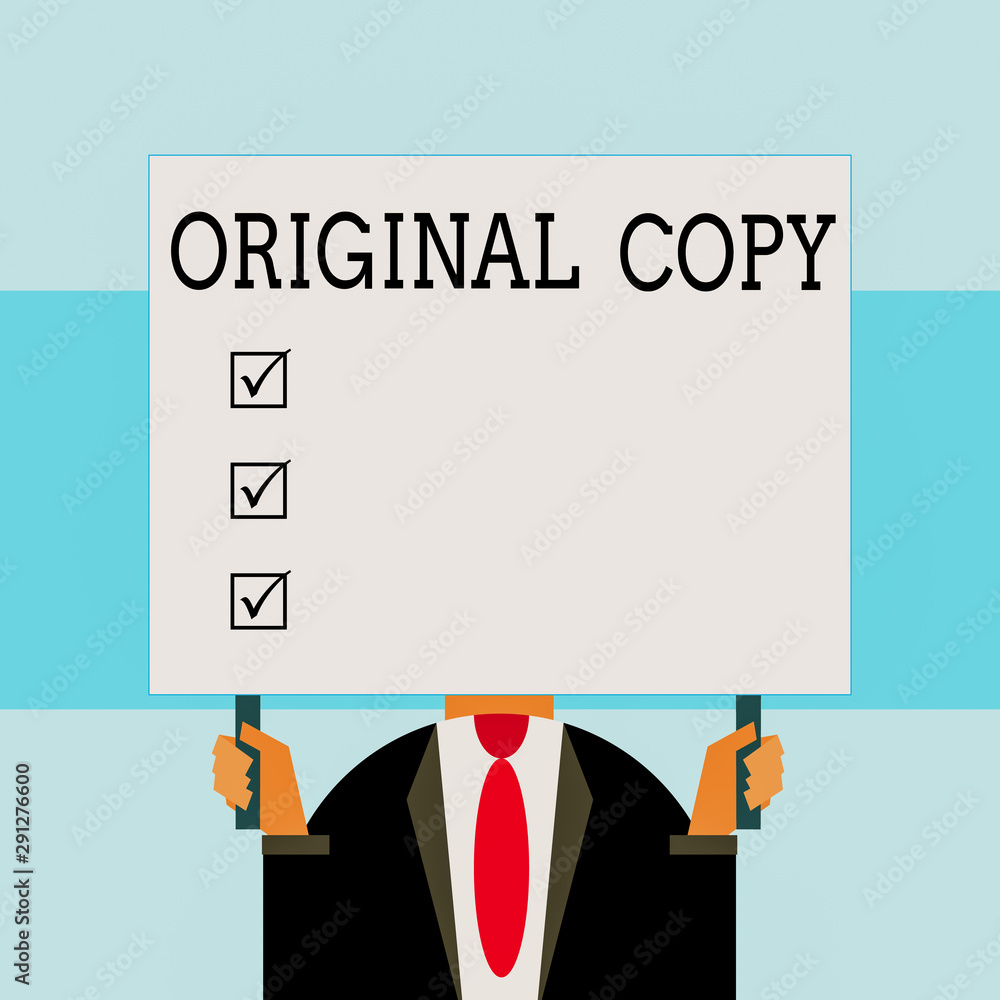 Aufkleber writing note showing original copy. business concept for main script unprinted branded patented mast