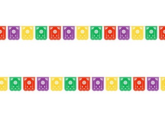 Vector traditional Mexican endless border with colorful paper cutting flags. Horizontal banner with traditional Mexican decoration elements for holidays, Day of the Dead, 5 May on white background.   