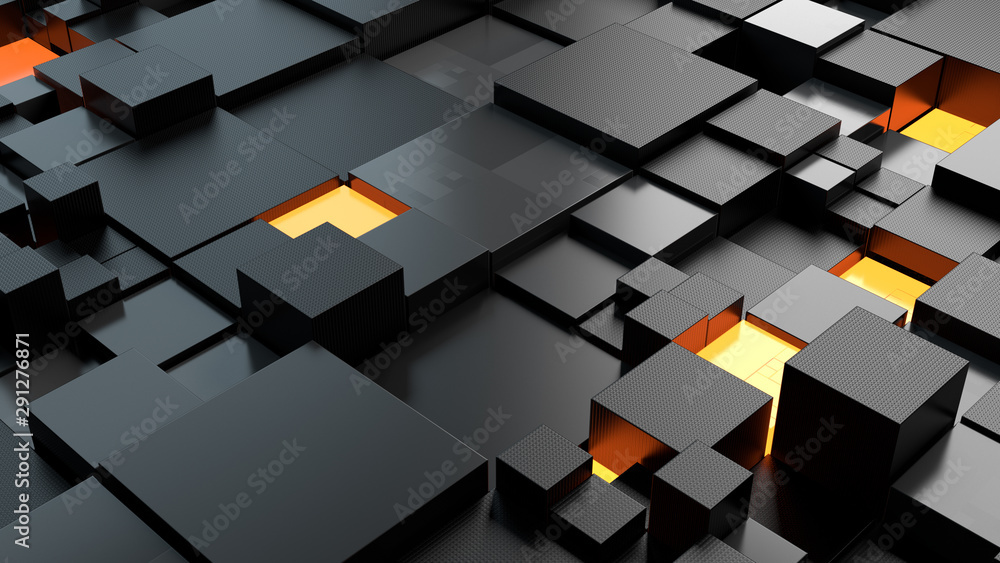 Poster color abstract 3d render of segmented into squares sirface. some elements illuminate. some cubes has