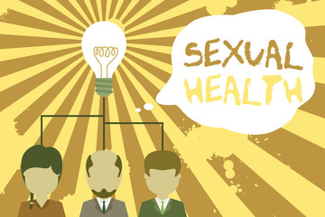 Text sign showing Sexual Health. Business photo showcasing Healthier body Satisfying Sexual life Positive relationships Group three executive persons sharing idea icon. Startup team meeting