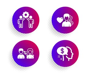 People communication, Employees teamwork and Man love icons simple set. Halftone dots button. Pay sign. People talking, Collaboration, Beggar. People set. Vector