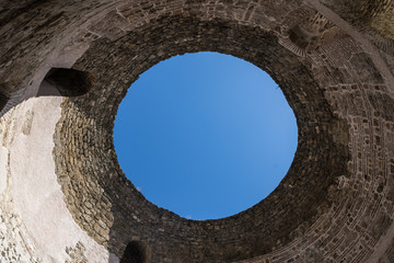 The Vestibule (The Rotonda)  (The Atrium) - antique round celiling at the  Diocletian's Palace, round roof design with the blue sky seen, Split, Croatia - Image