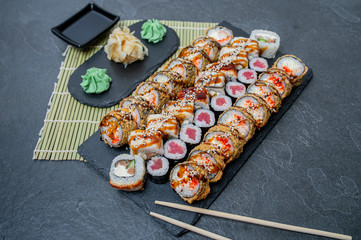 Sushi Set - Different Types of Maki Sushi and Nigiri Sushi.