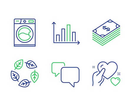 Speech bubble, Washing machine and Diagram graph line icons set. Organic tested, Dollar and Hold heart signs. Chat message, Laundry service, Presentation chart. Bio ingredients. Business set. Vector