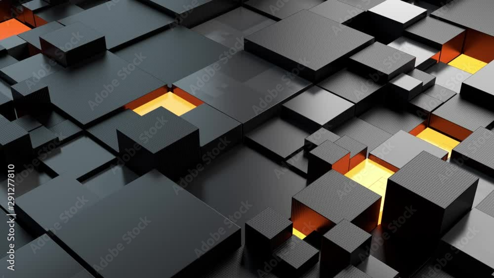Poster abstract 3d render of segmented into squares sirface. some elements illuminate. some cubes has detai