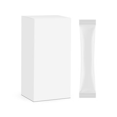 Stick sachet with paper box mockup isolated on white background. Vector illustration