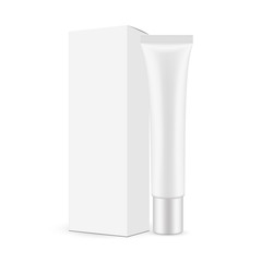 Naklejka premium Plastic tube with paper box isolated on white background. Cosmetic packaging mockup. Vector illustration